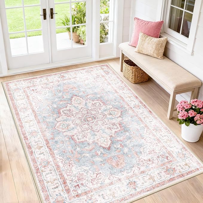 CAPALOCA Machine Washable Rugs Nursery Rug 4x6 Cute Girl Non Slip Low Pile Water Repellent Soft Print Pattern for Bedroom Indoor Decor Kids Playroom Pink Blue