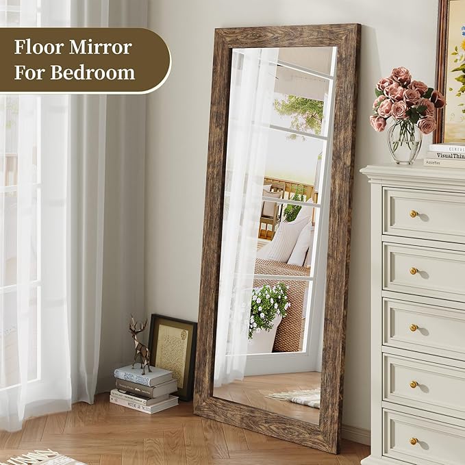 Syndra Modern Full Length Mirror Wood Frame, 65x24'' Large Floor Mirror with HD Tempered Glass & Wall Mount Option, Rectangular Standing Mirror for Bedroom, Living Room, Entryway, Farmhouse(Walnut)
