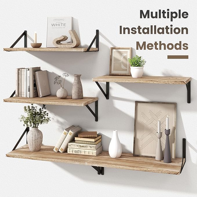 Marsmiles 12 Inch Deep Floating Shelves | 24 Inch Light Wood Wall Shelves Set of 2 - Rustic Wooden Floating Shelves for Living Room Bedroom Bathroom