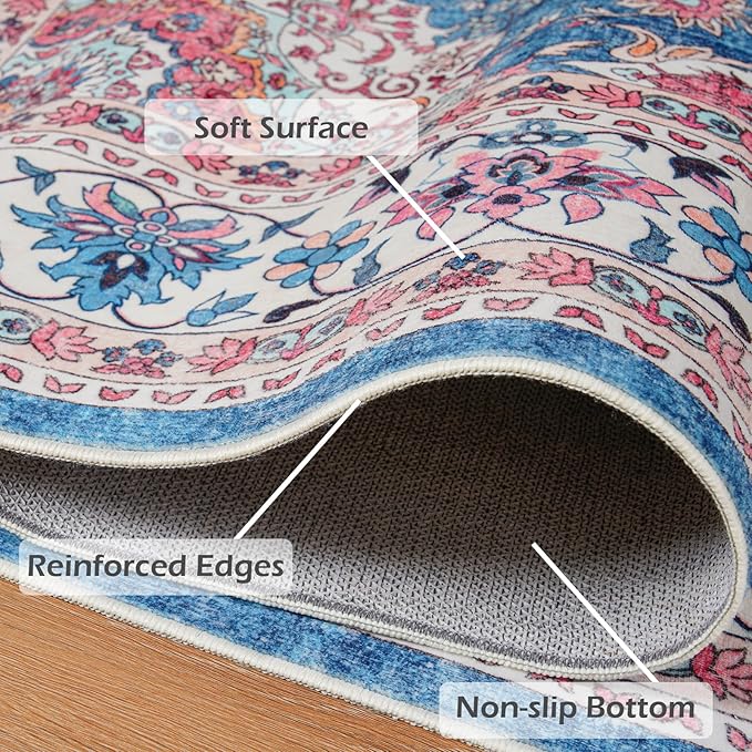 Goideal Washable Rug 2x3, Vintage Area Rugs Non Slip, Indoor Low Pile Carpet with Rubber Backing for Kitchen Bathroom Entryway Office Bedroom,Blue & Hot Pink