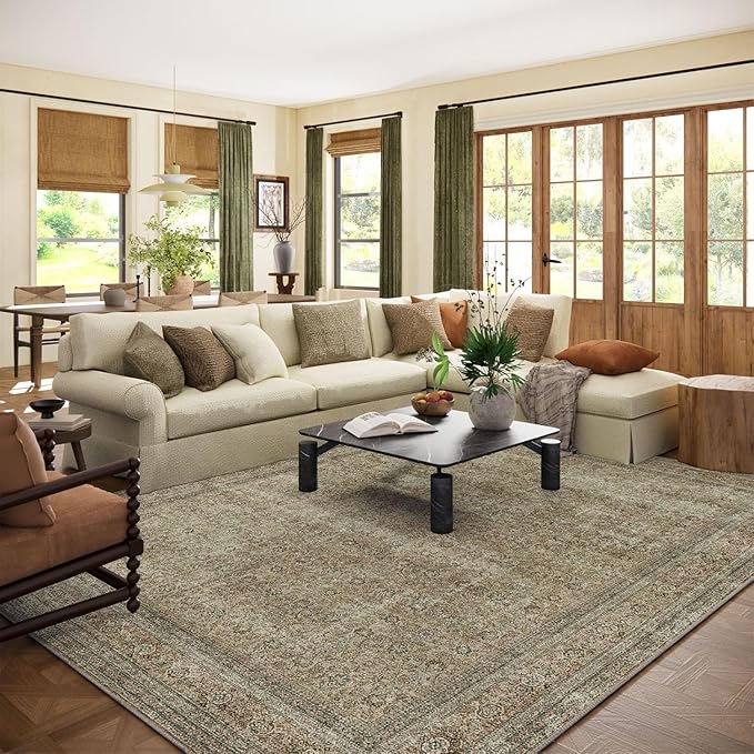10x12 Area Rugs for Living room: Bedroom Rug Washable Vintage Stain Resistant Non Slip Low Pile Soft Lightweight Large Area Rug for Dining Room Under Table Kitchen Nursery Farmhouse Home Office