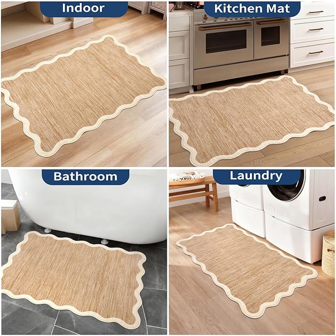 GarveeHome Scalloped Washable Rug, 2x3 Kitchen Rugs for Entryway Bathroom, Soft Door Mat Indoor Entrance Ultra-Thin, Small Non-Slip Throw Carpet for Bedroom Entry Laundry, Light Brown