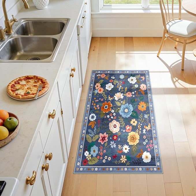 RELEANY Floral Nursery 2x4 Area Rugs Washable Print Boho Cute Carpet Non Slip Flower Low Pile for Living Room Kids Girls Playroom Bedroom Kitchen Office Farmhouse-Blue/Grey