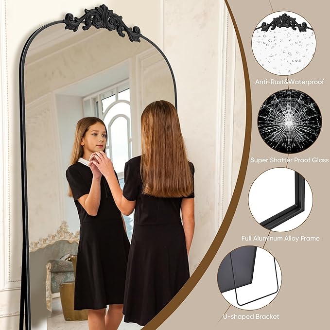 Antok Arched Full Length Mirror, 71"x28" Floor Mirror with Carved, Full Body Mirrors for HomeDecor, Standing/Halling Large Wall Mirror for Bedroom, Living Room, Cloakroom, Black, Retro Style