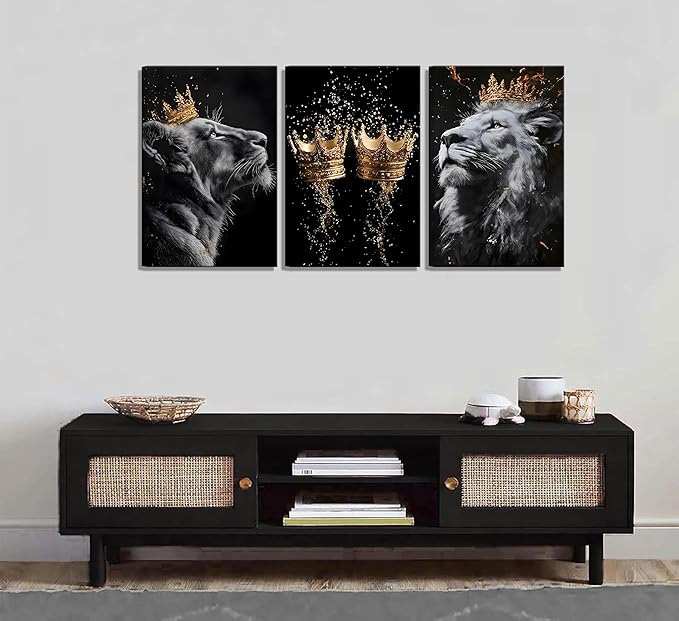 3 Pieces Framed Lion Canvas Wall Art Golden crown with lion Poster print Modern Motivational Black And White Lion Pictures Wall Decor for Living room Office Decoration