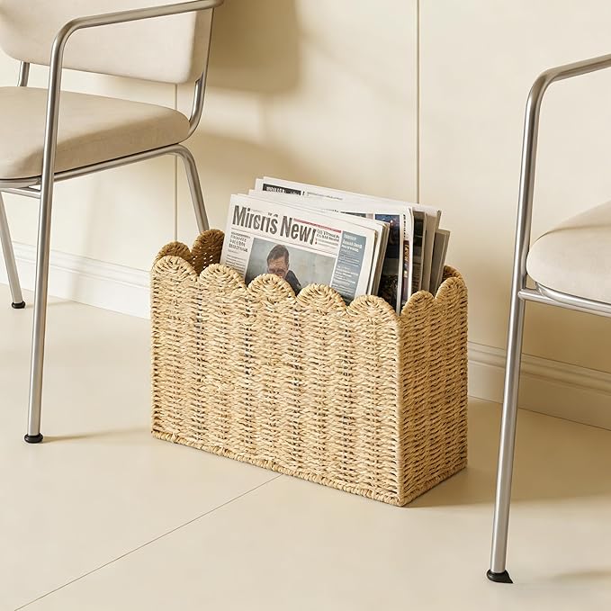 Paper Rope Magazine Holder for Floor, Wicker Magazine Basket, Tall Narrow Book Basket & File Holder for Books, Mail, Newspapers & Papers, Scalloped Storage Basket for Living Room, Office, Bedroom