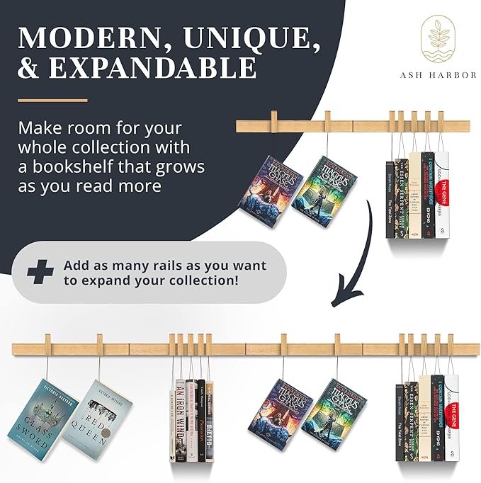 Ash Harbor Floating Wall Bookshelf - Wall Mounted Book Organizer with Included Bookmarks - Hardwood Hanging Bookshelf for Bedroom, Living Room, or Kitchen - A Thoughtful Gift for Book Lovers (Natural)