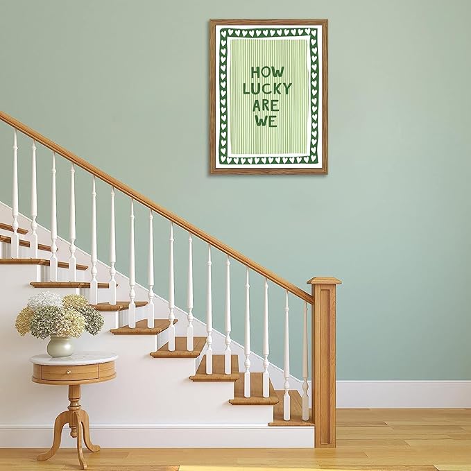 How Lucky Are We Wall Art, Vintage Green Inspirational Canvas Wall Decor Painting, Trendy Preppy Stripe Quotes Posters Prints Pictures for Bedroom Dorm Apartment Decor 12x16 Inch Framed