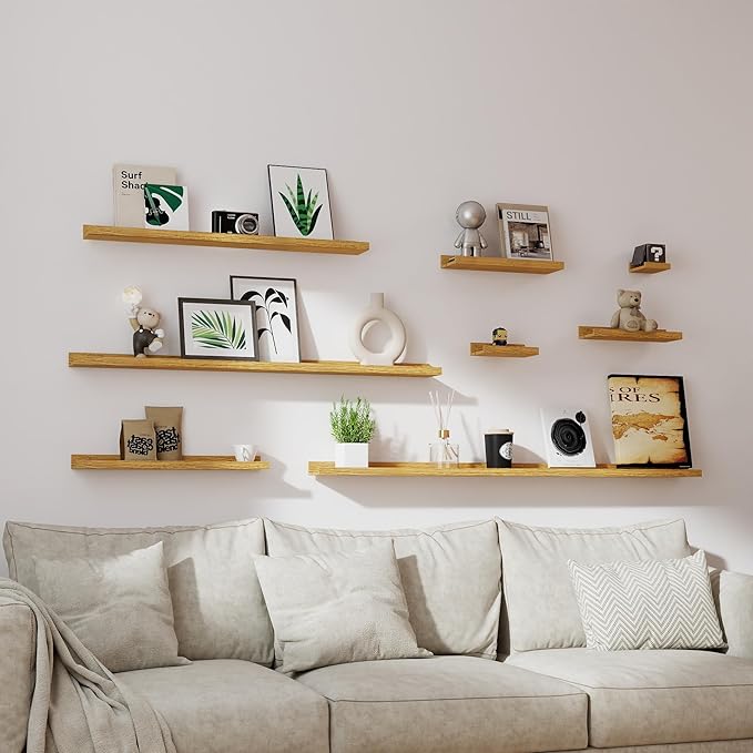 Small Floating Shelves for Wall Decor, Wall Mounted Wood Shelf for Bedroom, Living Room, Bathroom, Kitchen, Nursery, Display Picture Ledge Shelf with Lip Set of 2-8 Inches, Oak
