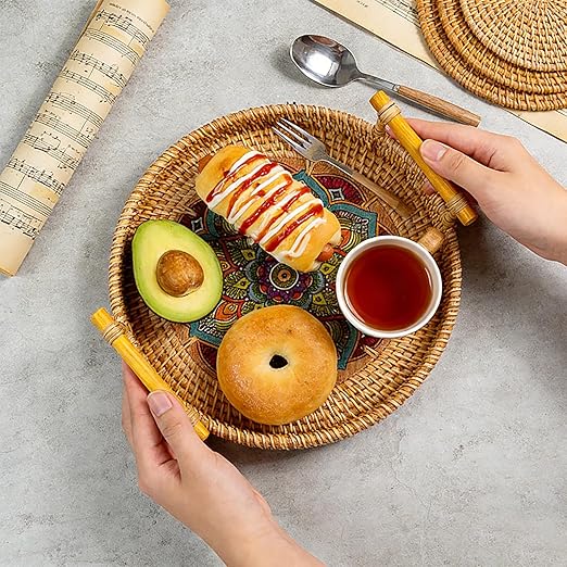 24cm/9.45in Oval Rattan Woven Tray Basket with Handles, Hand Woven Round Rattan Serving Decorative Wicker Trays for Table Decor (M)