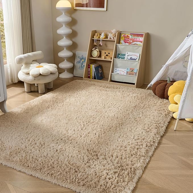 Fluffy Area Rugs for Bedroom - Soft Plush Shag Rug for Living Room Nursery Kids Room - Non Slip Fuzzy Shaggy Floor Carpets for Girls Boys Play Room Dorm Decor (Beige, 3' x 5')