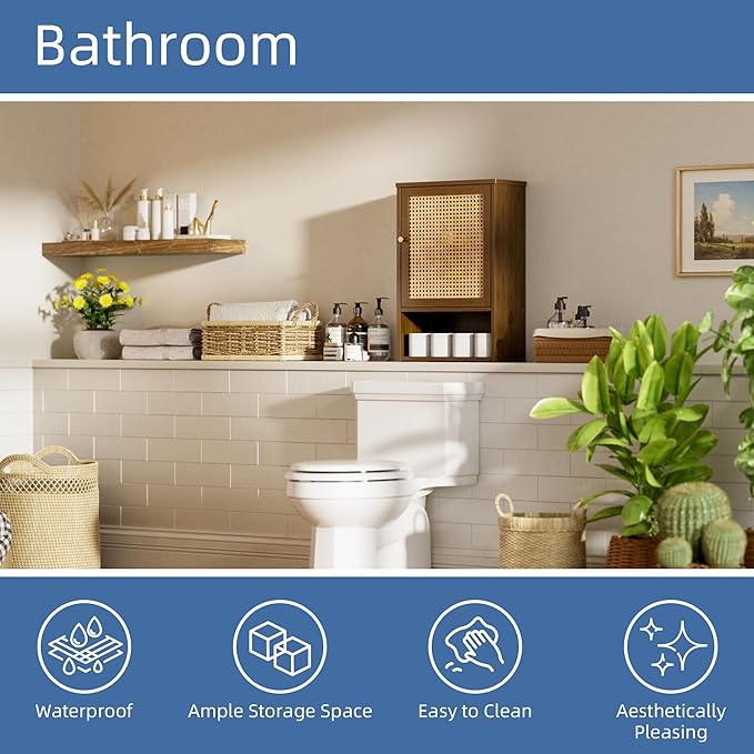 HITNET Bathroom Cabinet Wall Mounted, Medicine Cabinet with Single Rattan Door, Bamboo Hanging Storage Organizer Over Toilet, Space Saving, Walnut