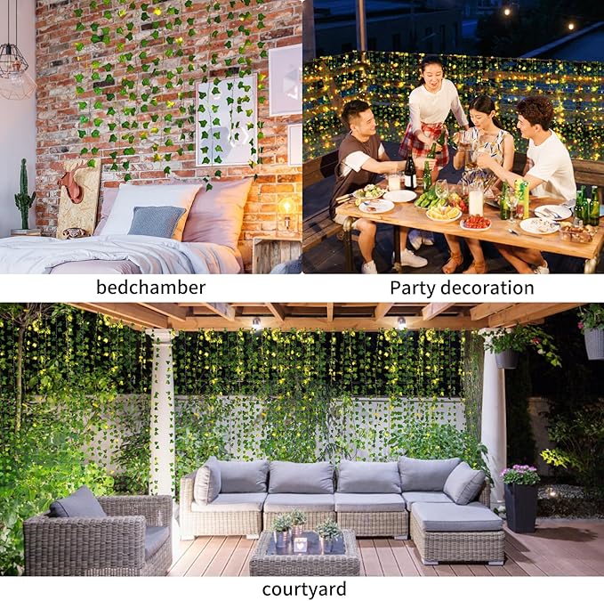 Freyalife Artificial Vines with LED Fairy Lights, 33ft Green Silk Ivy Garland, 8 Light Modes, Remote Control, Indoor Decor for Bedroom, Living Room, Wedding, Party