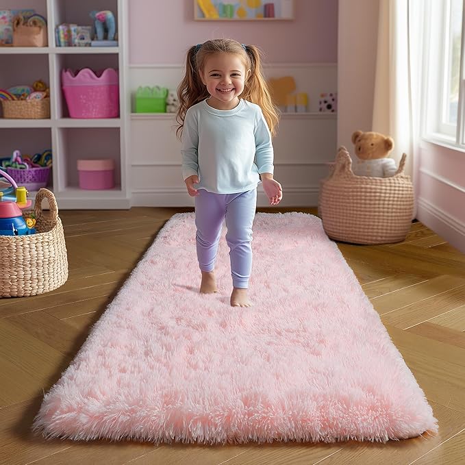 Amdrebio Pink Runner Rug 2x6 for Girls Bedroom, Fluffy Shaggy Bedside Floor Area Rugs for Kids Room Decor, Cute Shag Fuzzy Thick Carpet for Teens Toddler Baby Nursery Preppy Dorm Classroom Playroom