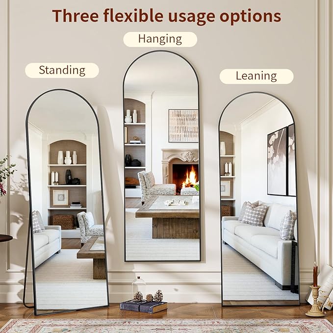 59"x16" Arched Mirror Full Length, Standing Floor Mirror, Wall Mounted Mirror with Aluminum Frame - for Standing, Leaning or Hanging, for Living Room Dressing Room, Black