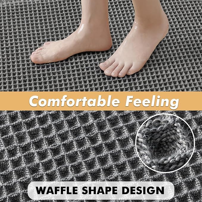 MIULEE Set of 2 Waffle Bathroom Rugs, Boho Bath Rugs Non Slip Washable, Super Absorbent Bath Mats, Ultra Soft Rubber Backed Shower Mats for Bathroom Floor, Tub and Shower, Dark Grey, 18x30 Inch