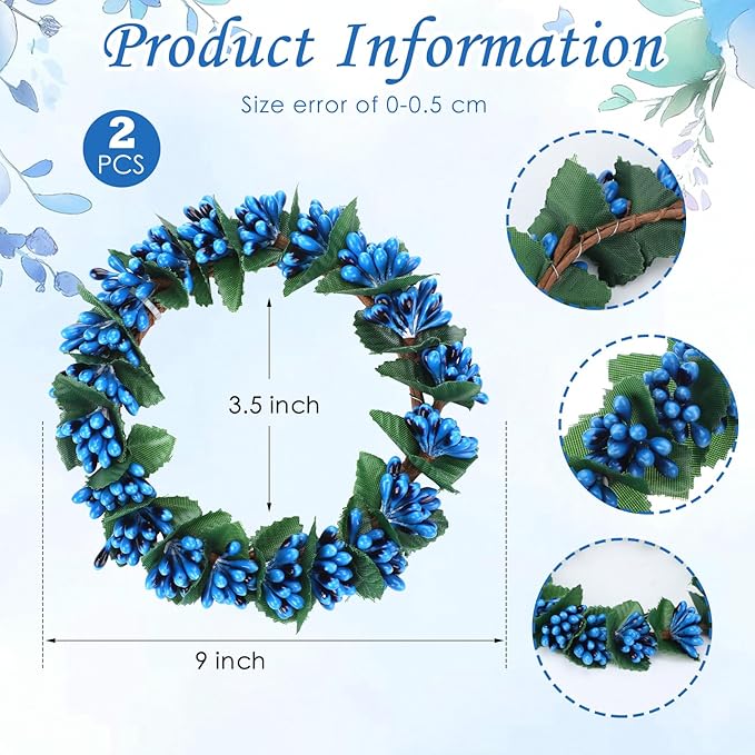Daifunli 2 Pcs Williamsburg Blue Candle Rings Wreath Blue Pip Berry Ring Wreath for Pillar 3.9 Inch Candles Holder for Holiday Table Centerpiece Wedding Kitchen Cabinets Rustic Table Decor