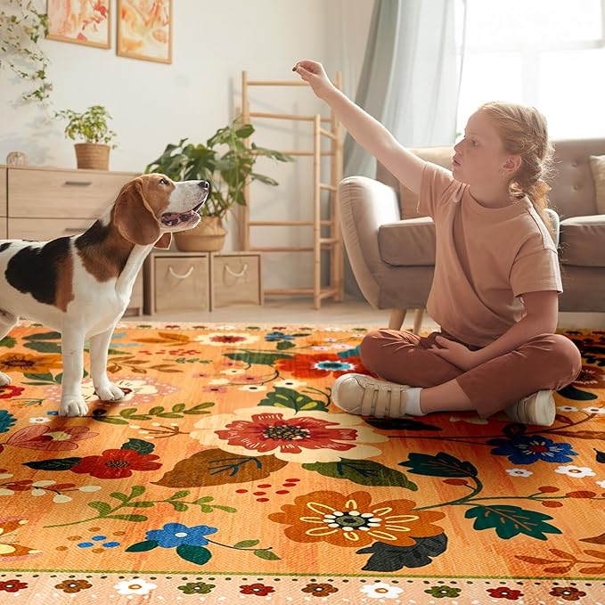 RELEANY Floral Nursery 8x10 Area Rugs Washable Print Boho Cute Carpet Non Slip Flower Low Pile for Living Room Kids Girls Playroom Bedroom Kitchen Office Farmhouse-Yellow/Orange