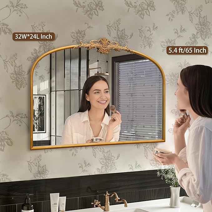 Besdomus Antique Arched Gold Mirror: 32"x24" French Large Antique Vanity Wall Mounted Mirror - Baroque Decorative Traditional Ornate for Fireplace/Bathroom/Bedroom - Wall Decor for Homemakers