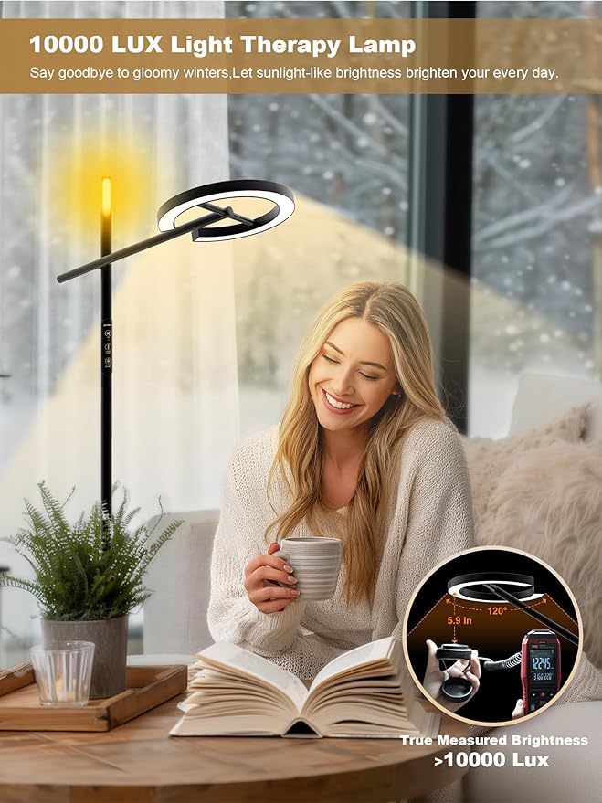 GLOWRIUM Smart Light Therapy Lamp, 10000 Lux UV-Free Sun Lamp, 2700-6500K Floor Lamp Therapy Light, Stepless Dimmable Energy Sunlight with App & Remote, Timer, Cozy Light Settings for Winding Down