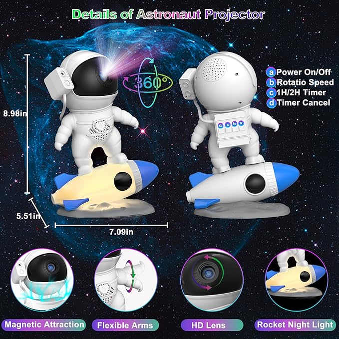 Astronaut Galaxy Projector for Bedroom, HD Galaxy Light Projector with Timer and 360° Rotation, Planetarium Projector with 13 Film Discs and 9 Colors, Star Projector Gift for Kids