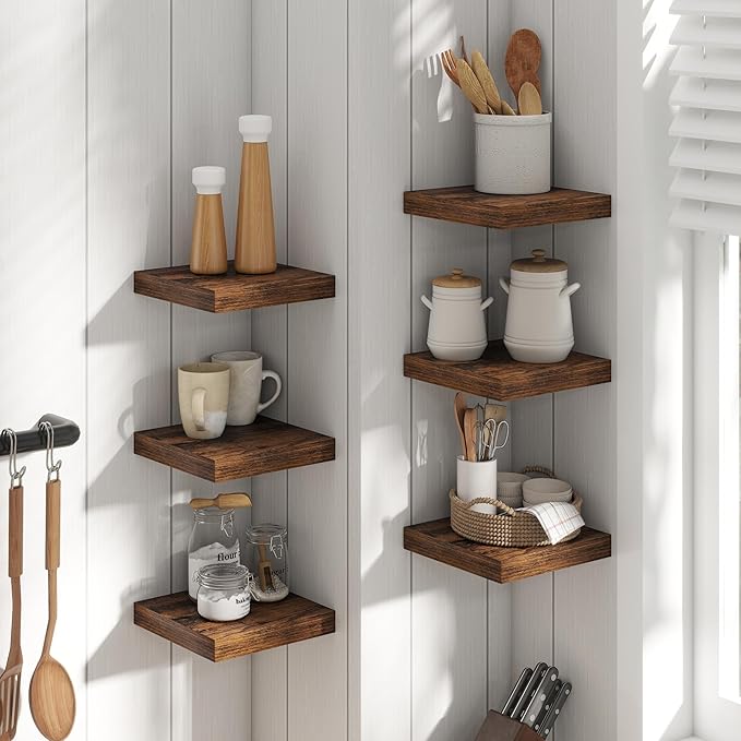 8 Inch Floating Shelves for Wall with Invisible Brackets Set of 3, 8"D Engineered Wood Wall Shelves with Wood Grain for Living Room, Bedroom, Bathroom, Kitchen Decor and Storage, Rustic Brown