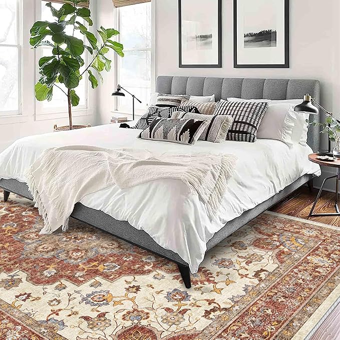TOPRUUG Washable Oriental Area Rug - 9x12 Rugs for Living Room Soft Carpet for Bedroom Waterproof Floral Distressed Indoor Stain Resistant Non-Shedding Floor Carpets (Red, 9x12)