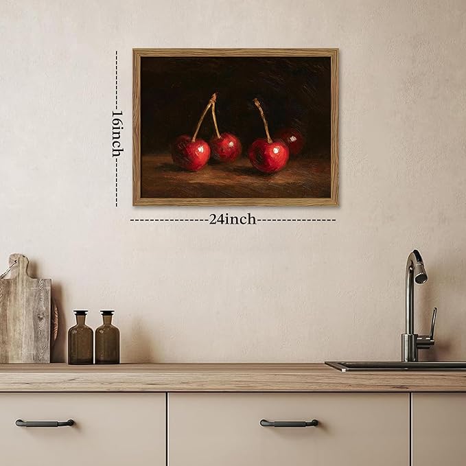 Vintage Cherry Wall Art for Kitchen, Classic Still Life Oil Painting Canvas Wall Decor, Retro Rural Farmhouse Fruit Food Artwork Prints Pictures for Kitchen Dining Room 16x24 Inch Framed