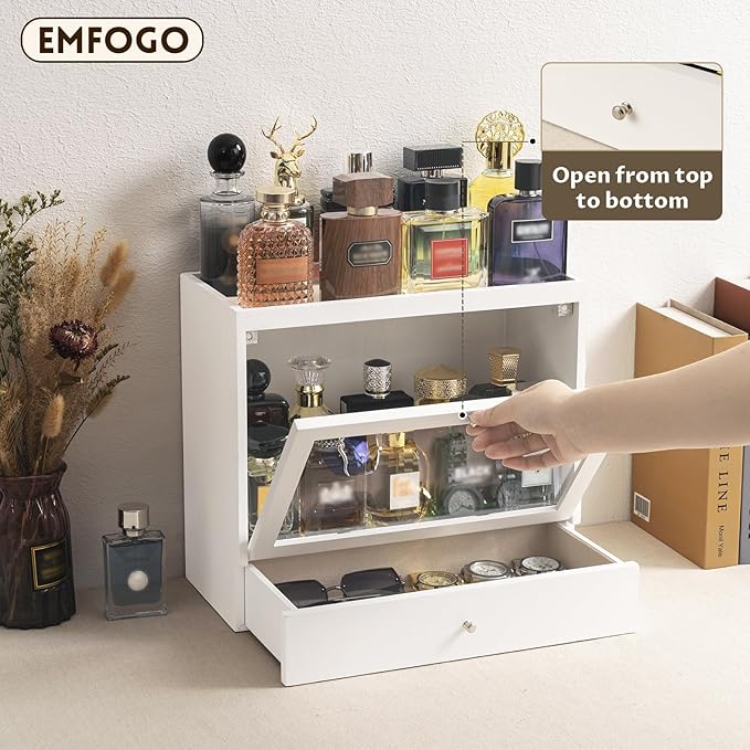 Emfogo Cologne Organizers Stand for Men, Solid Wood Perfumes Organizers Stand for Men Dresser, Large Capacity Dustproof Cologne Holder with Drawer Storage Perfume Stand, Ideal Gift for Loved ones