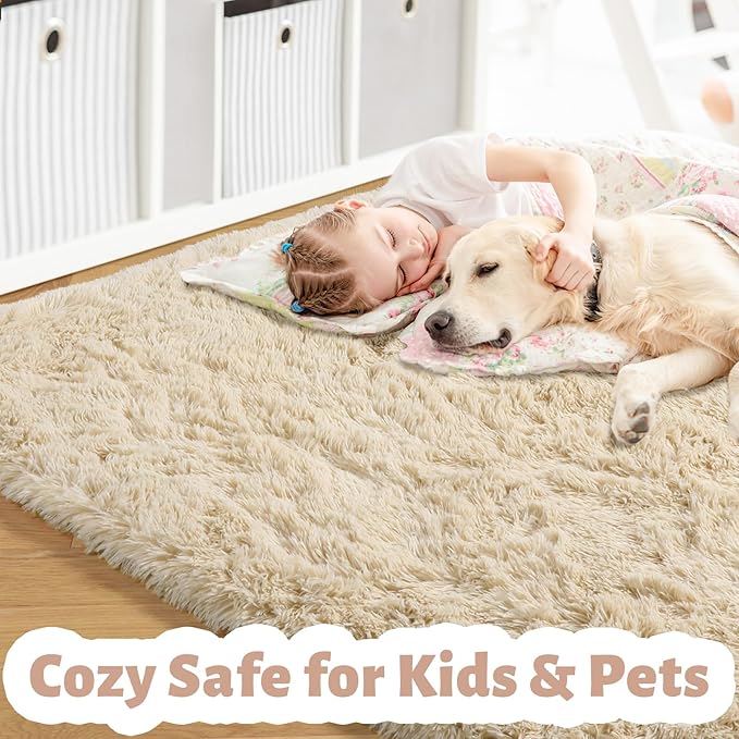 Amdrebio Beige Area Rugs for Bedroom Living Room, 5x8 Fluffy Plush Shag Furry Cute Rug for Kids Room Decor Aesthetic, Soft Shaggy Fuzzy Neutral Tan Carpet for Teens Baby Nursery Playroom Preppy Dorm