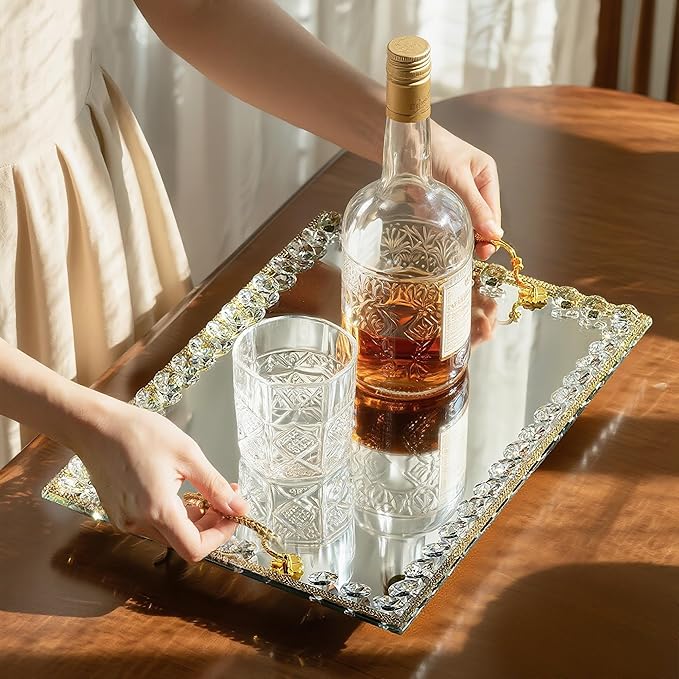 kanpura Large Crystal Tray Modern Glass Mirror Jewelry Trinket Trays with Diamond, 14.7" x 10.8" Rectangular Makeup Perfume Tray for Bathroom Bedroom, Hotel Banquet, Party (Golden)