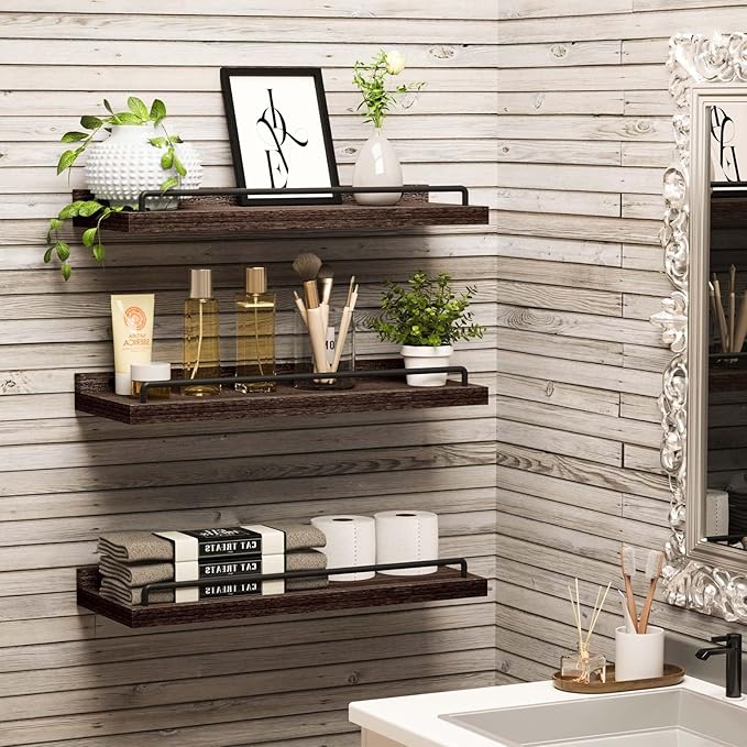 RYOFOBETTO Floating Shelves, Bathroom Decor Shelves Over Toilet, Farmhouse Wall Shelves for Living Room, Bedroom, Picture Frames, Plants, Kitchen, Set of 3 (Walnut Brown)