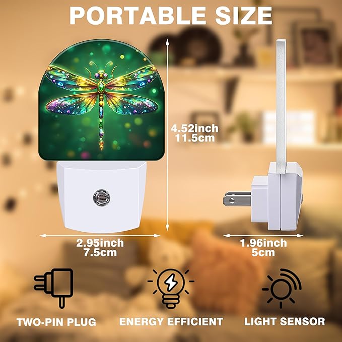 Night Light, Glitter Dragonfly Night Lights Plug into Wall Dusk to Dawn Sensor Round Nightlight for Women Men Energy Efficient Led Lamp 0.5W for Stairway Hallway Bedroom