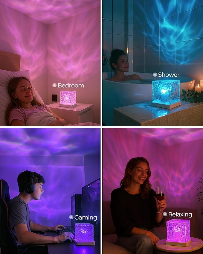 2-Pack Rechargeable Shower Lights, 16 Color Ocean Wave Projector Light Cordless, Waterproof Shower Mood Lighting with Remote, Spa-Like Relaxing Water Ripple Projector Light for Bathroom Bedroom