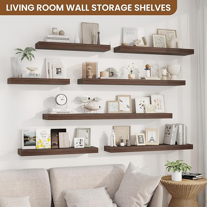 fuqing Floating Shelves for Wall, Wall Mounted Wood Floating Shelf with Invisible Brackets for Living Room, Bathroom, Bedroom, Kitchen Storage and Decor, 20 Inch Set of 2, Walnut