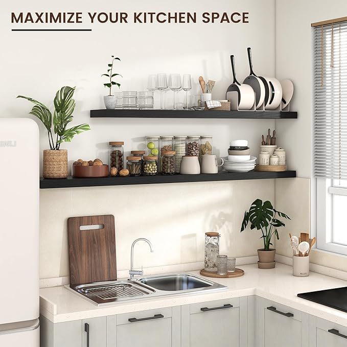 Venusmiles Floating Shelves for Wall, Engineered Wood Wall Shelves with Invisible Brackets for Living Room Bedroom Bathroom Office Kitchen Decor and Storage (Black, 55" W x 9" D x 1.5" H) Set of 1