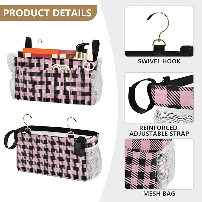 Buffalo Plaid Check Pink Print Bedside Caddy Storage Bag Bedside Organizer for Bunk Bed Headboards College Organizer Caddy Hanging Shelf 6 Pockets with Hooks for Drinks Magazine Phone Holder