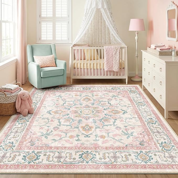 CAPALOCA Machine Washable Rugs Nursery Rug Sq8ft Cute Girl Non Slip Low Pile Water Repellent Soft Print Pattern for Bedroom Indoor Decor Kids Playroom Pink Teal