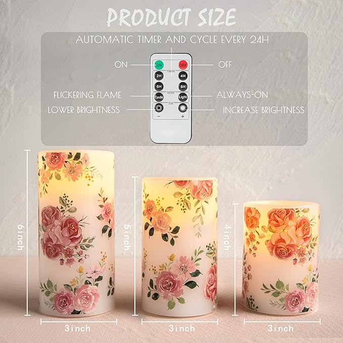 LUSHARBOR Flameless Candles with Remote, Battery Operated Candles Real Wax Pink Rose Flickering LED Candles Floral Christmas Decor Electric Pillar Candles Set of 3