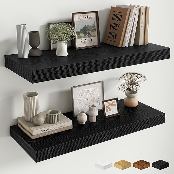 Fun Memories 12 Inch Deep Floating Shelves for Wall, 30 Inch Long Floating Shelf, 30 x 12 Shelf for Wall, Rustic Wood Bookshelves, Hanging Shelves for Bathroom Kitchen Bedroom, Black, Set of 2