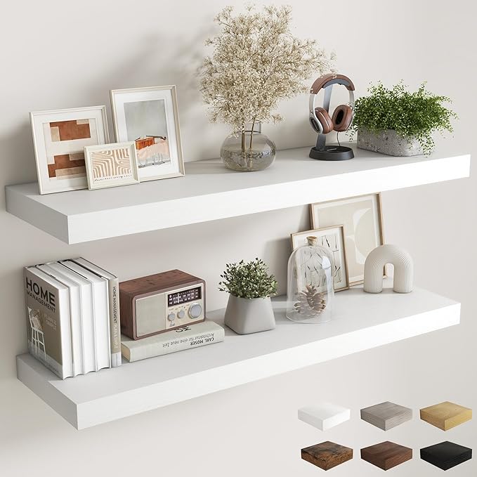 Fun Memories 12 Inch Deep Floating Shelves, 48 x 12 Floating Shelves for Wall Set of 2, Extra Deeper Hanging Wood Wall Shelves for Bedroom, Living Room, Kitchen, White