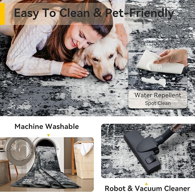 RELEANY Washable Area Rugs 3x7 Non-Slip Modern Abstract Soft for Living Room Entryway Bedroom Nursery, Print Pattern, Black Navy Blue Gray