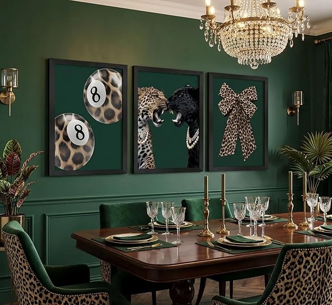 Framed 3pcs Trendy Leopard Canvas Wall Art Funky Lucky 8 Ball Pictures Wall Decor Cheetah Bows Preppy Aesthetic Posters Prints Paintings for Bedroom Dorm Living Bathroom Home Decoration