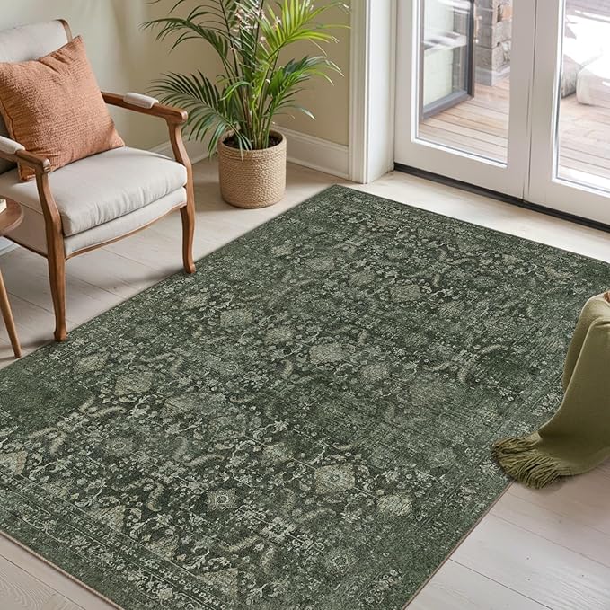 Rugxara 3x5 Rug for Entryway Bedroom, Green 3x5 Washable Area Rug, Vintage Retro Boho Throw Rug, Non Slip & Low Pile Small Carpet for Indoor Entry, Kitchen, Bedside, Living Room, Bathroom and Dining
