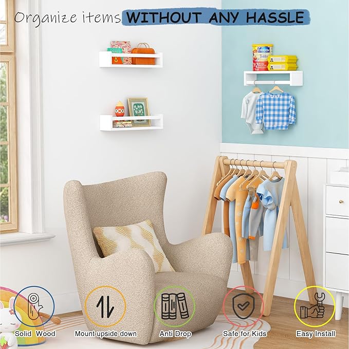 Harwaya White Nursery Floating Book Shelves for Wall Set of 3, Kids Wall Shelves for Baby Room Bedroom, Modern Hanging Bookshelf for Baby Toddler Children Girls Boys Decor and Toys Books Storage