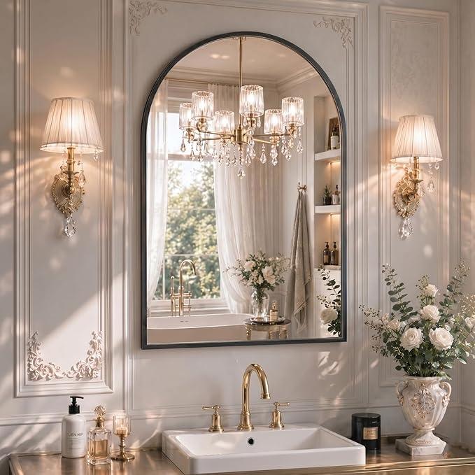 20"x30" Arched Black Bathroom Mirror – Metal Framed with HD Shatter-Proof Glass, Wall-Mounted for Over Sink, Entryway, Living Room, Bedroom
