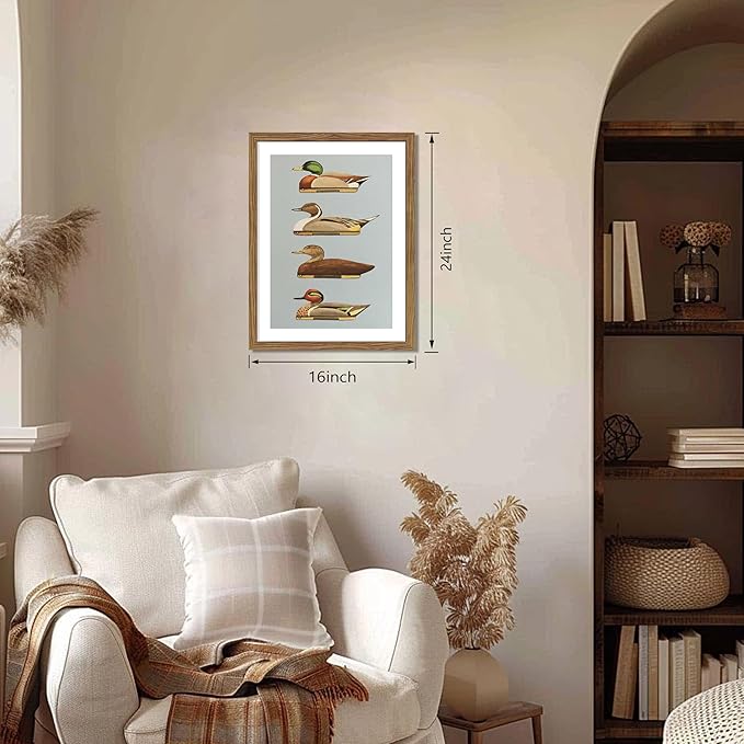 Vintage Framed Duck Wall Art, Rustic Farmhouse Hunting Canvas Wall Decor Painting, Retro Nature Mallard Duck Wildlife Prints Pictures for Bedroom Living Room 16x24 Inch Wood Frame