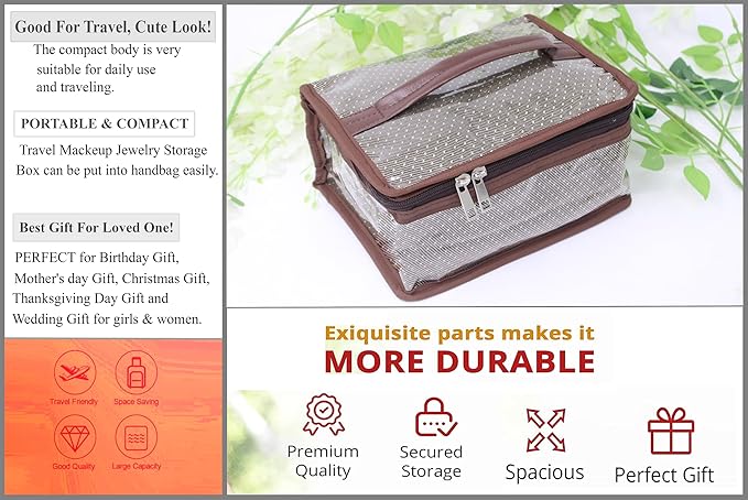 atorakushon Nylon MakeUp Organizer Case Travel Jewelry Bag Transparent Ring Earring Storage Box for Bracelet Pendant Holder with 7 Clear Zippered Pouch Brown
