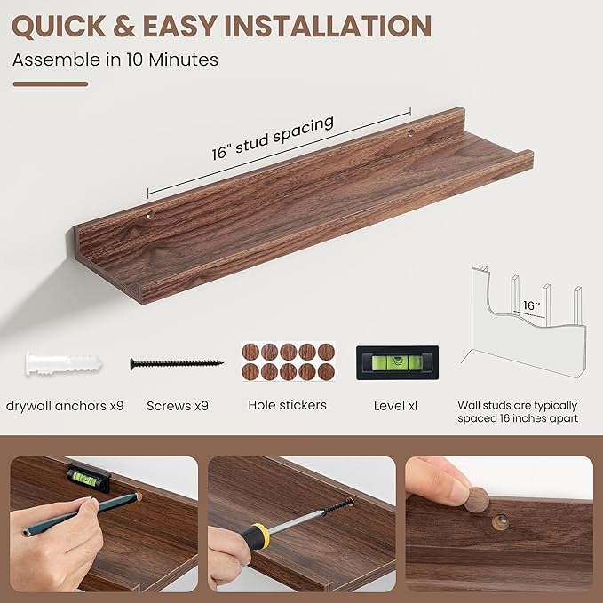 Fun Memories Picture Ledge Shelf, Floating Shelves Set of 4, 24 Inch Picture Shelves for Wall with Ledge, Large Nursery Book Shelf for Toys Storage, Living Room, Bedroom Decor Frames, Walnut