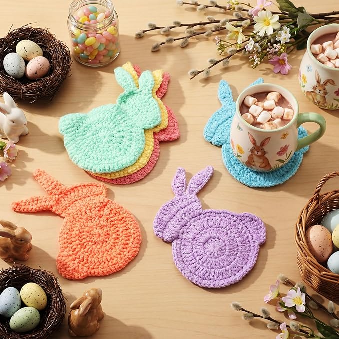 6 Pcs Easter Bunny Crochet Coaster Set 5.1 x 6.7 Inch Rabbit Handmade Woven Cup Pad Mats Gift Kit for Spring Holiday Kitchen Home Office Bar Desk Table Decor